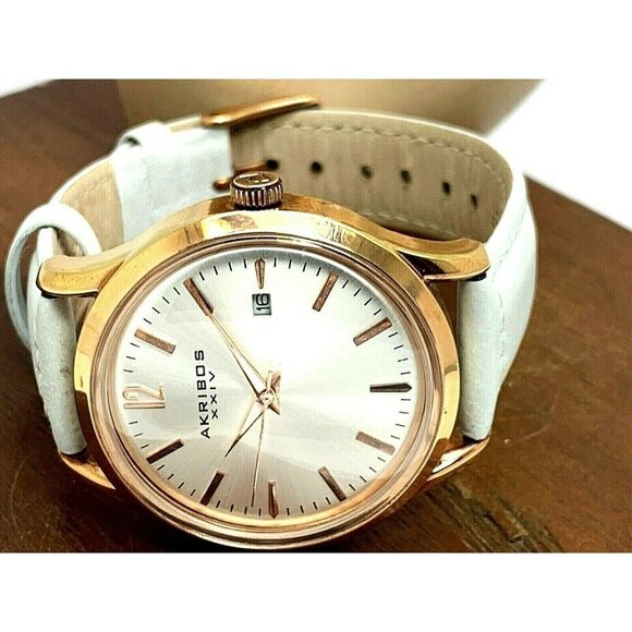 Akribos XXIV Women's Watch AK921 Quartz Rose Gold Silver Dial White Leather Band - Picture 8 of 13